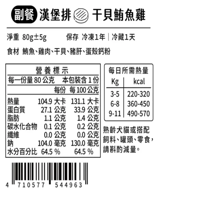 【汪事如意】干貝鮪魚雞 手打漢堡排 80g(犬貓副餐寵物鮮食/適口性佳/天然食材)