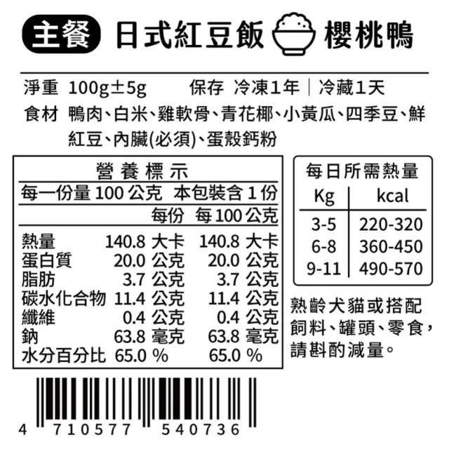 【汪事如意】櫻桃鴨 日式紅豆飯 100g(寵物鮮食/無油蒸煮/銷售冠軍/適口性佳)