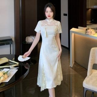 【米蘭精品】現貨+預購 洋裝連身短裙(名媛旗袍蕾絲拼接提花魚尾連衣女裙子74ef15)