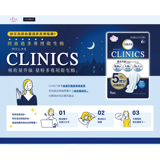 【日本大王】elis愛麗思CLINICS吸收量升級量特多專用衛生棉40cm_6片/包(3入組)