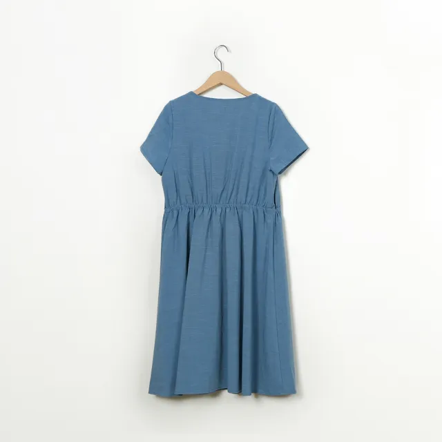 【CUMAR】V領蕾絲半開襟綁帶短袖洋裝(藍 杏/魅力商品)