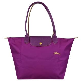 【LONGCHAMP】經典刺繡尼龍LOGO長提把肩背包(L/霓虹紫x黃)