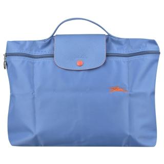 【LONGCHAMP】經典刺繡尼龍LOGO文件公事包(淺藍x橘)