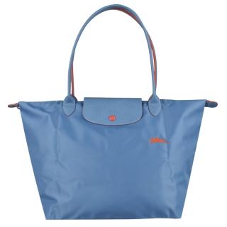 【LONGCHAMP】經典刺繡尼龍LOGO長提把肩背包(L/淺藍x橘)