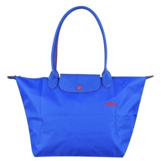 【LONGCHAMP】經典刺繡尼龍LOGO長提把肩背包(L/正藍x紅)