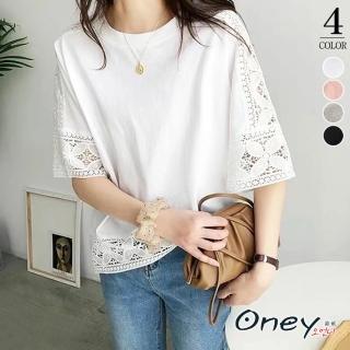 【ONEY 歐妮】★日系鏤空蕾絲五分袖圓領上衣(春夏/鏤空設計/寬鬆修身/減齡穿搭)