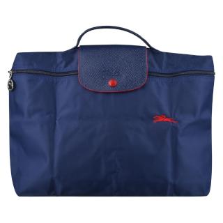 【LONGCHAMP】經典刺繡尼龍LOGO文件公事包(深藍x紅)