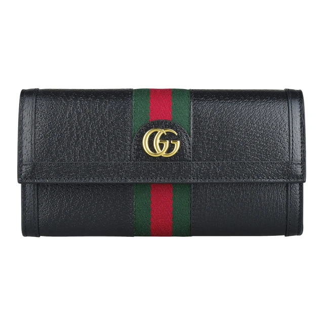 GUCCI 古馳 GUCCI Ophidia雙G金字LOGO牛皮綠紅綠緞帶設計12卡壓扣式長夾(黑)