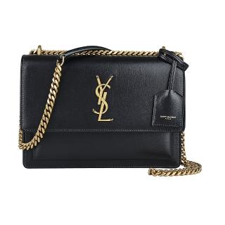 【YSL】YSL Sunset復古金字LOGO小牛皮鏈帶翻蓋磁釦式肩背/斜背包(黑)