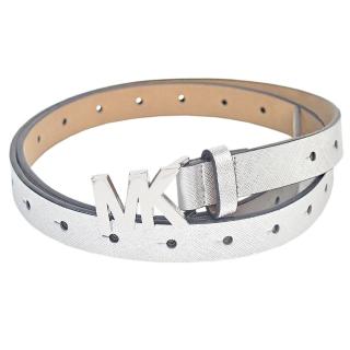 【Michael Kors】女款MK釦頭素色皮革窄版皮帶(銀色)