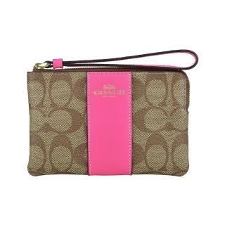 【COACH】COACH燙金LOGO緹花PVC拼接牛皮拉鍊手拿包(卡其x罌粟花粉紅)