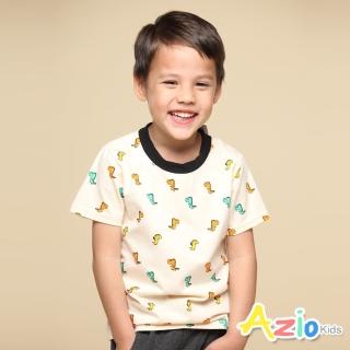 【Azio Kids 美國派】男童 上衣 配色圓領彩色小恐龍印花短袖上衣T恤(杏)