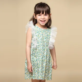 【Azio Kids 美國派】女童  洋裝 滿版小花印花網紗造型無袖洋裝(綠)