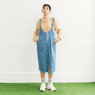 【Dailo】牛仔拼接假兩件吊帶長袖洋裝(黑 卡 灰)