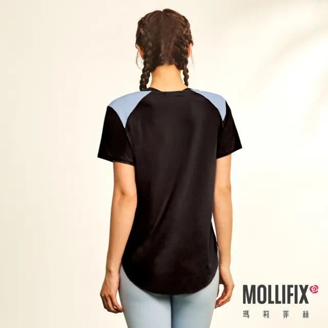 【Mollifix 瑪莉菲絲】撞色拼接短袖訓練上衣、瑜珈服(黑)