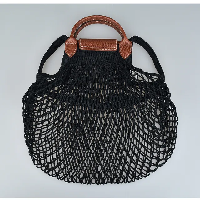 【LONGCHAMP】LONGCHAMP LE PLIAGE FILET奔馬LOGO棉質滾邊牛皮邊釦式手提肩背漁網包(大/黑)