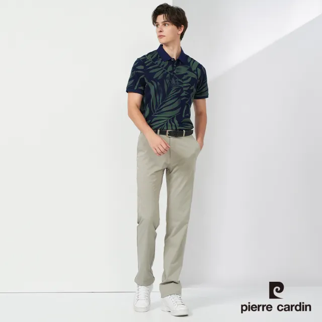 【pierre cardin 皮爾卡登】休閒服飾 男款 純絲光棉葉子印花短袖POLO衫-深藍色(5237218-38)