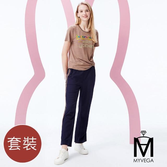 【MYVEGA 麥雪爾】MA圓領條文扭結燙鑽短袖套裝-藍(上下身分開販售)