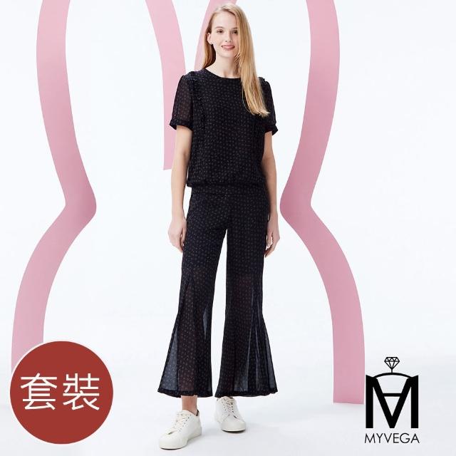 【MYVEGA 麥雪爾】MA雪紡印花英文字荷葉套裝-黑(上下身分開販售)
