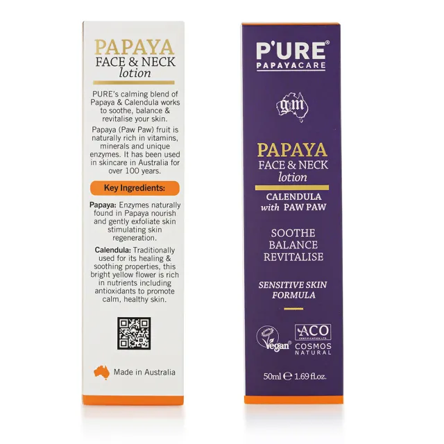 【澳洲 Pure Papayacare】木瓜臉頸乳液含金盞花玻尿酸(2入組 50ml/瓶 專業級)