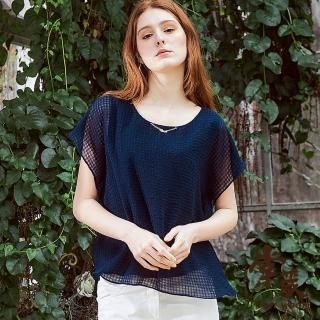 【TOWN’WEAR 棠葳】氣質迷你格紋透膚上衣(女上衣/短袖/圓領/雪紡/OL/上班族)