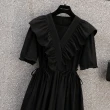 【KVOLL】玩美衣櫃浪漫荷葉V領黑色宴會小洋裝M-4XL