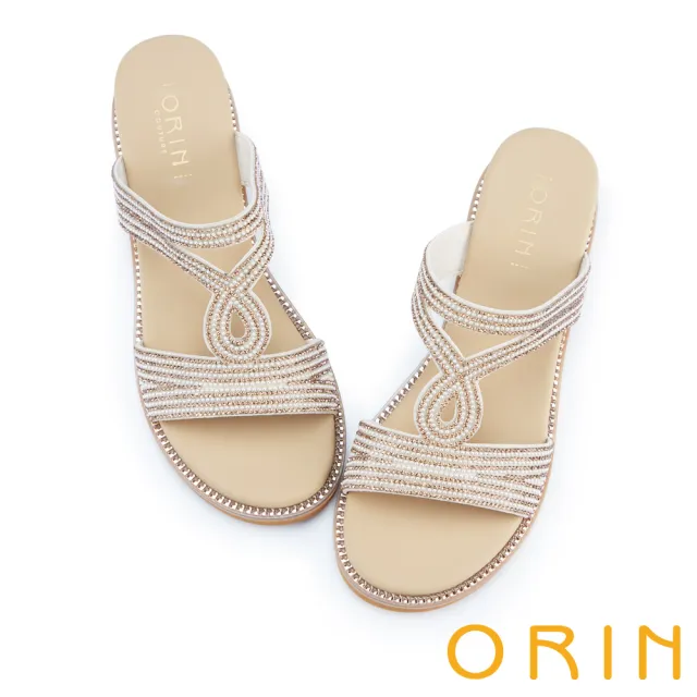【ORIN】波希米亞珍珠水鑽拖鞋(米色)