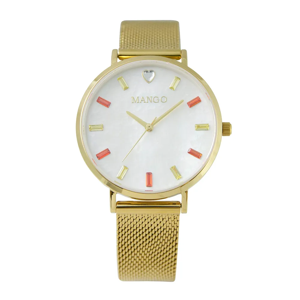 【MANGO】甜美繽紛晶鑽時尚米蘭腕錶-MA6770L-GD-H(金色x白色/36mm)