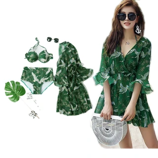【泳衣果】女泳裝M-XL綠翅罩衫裙情侶鋼圈三件式泳衣(外罩+比基尼+三角褲)