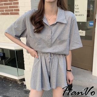 【HanVo】現貨 翻領POLO雙口袋A字褲裙休閒套裝(休閒舒適短袖短褲套裝 日常百搭韓系女裝 女生衣著 5954)
