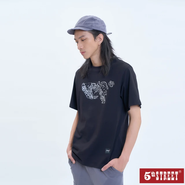 【5th STREET】中性款機械LOGO圖案短袖T恤-黑色