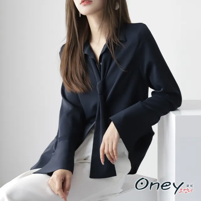 【ONEY 歐妮】★典雅氣質雪紡飄帶長袖襯衣(春秋/雪紡上衣/飄帶設計/寬鬆修身)