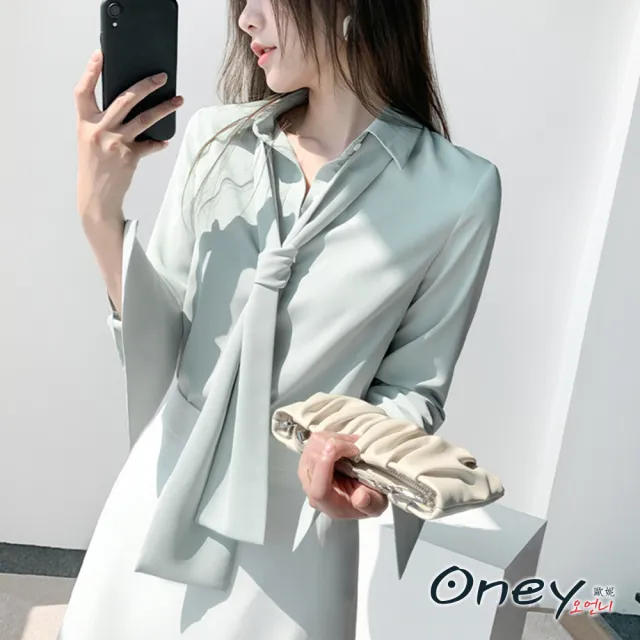 【ONEY 歐妮】★典雅氣質雪紡飄帶長袖襯衣(春秋/雪紡上衣/飄帶設計/寬鬆修身)