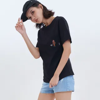 【5th STREET】女裝露營熊繡花圖案短袖T恤-黑色(山形系列)