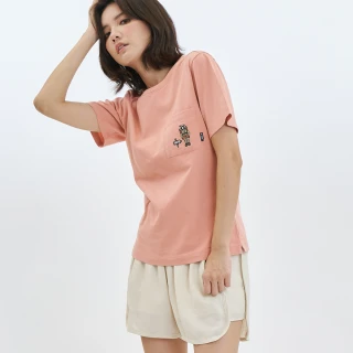 【5th STREET】女裝露營熊繡花圖案短袖T恤-粉紅色(山形系列)