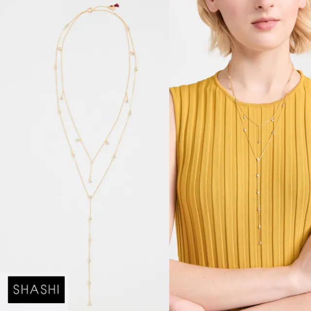 【SHASHI】紐約品牌 Diamond Dangle 雙層金色Y字鍊 經典鑲鑽Y字鍊(鑲鑽Y字鍊)
