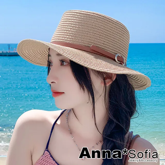 【AnnaSofia】買一送一久等禮 遮陽帽防曬帽淑女帽網美渡假草帽海灘帽漁夫帽-雙U釦革帶 寬簷 現貨(駝系)