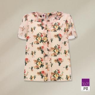 【ILEY 伊蕾】復古文藝風玫瑰拼接雪紡上衣(粉色；M-XL；1232081450)