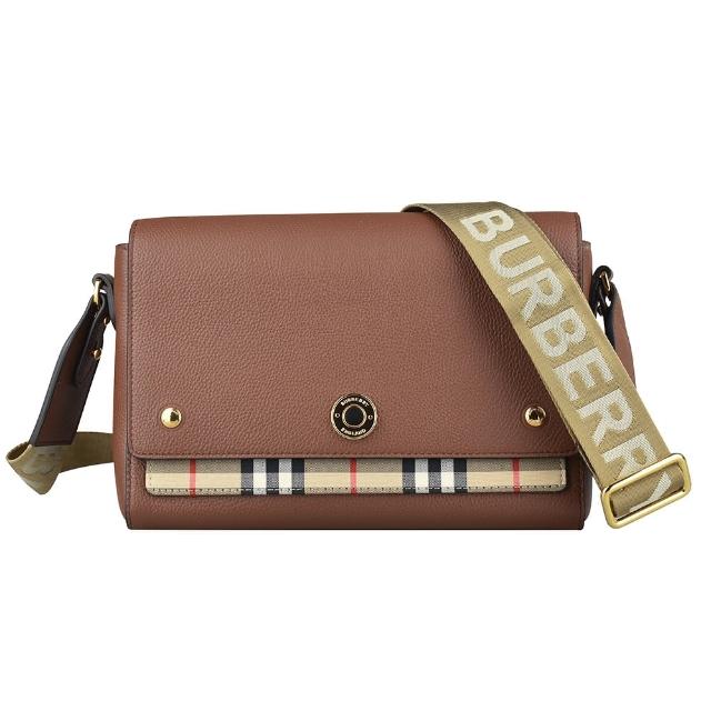 【BURBERRY 巴寶莉】NOTE經典格紋皮革鑲飾斜背包(中/棕x米格紋)
