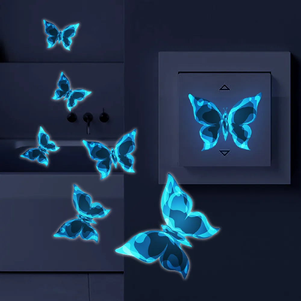 【幻彩迷情】藍色螢光蝴蝶裝飾貼-12貼(夜光貼 蓄光貼 反光 發光貼紙 開關貼 牆壁貼 房間佈置 裝潢  貼紙)