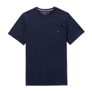 【Tommy Hilfiger】TOMMY 經典刺繡Logo圓領素面短袖T恤 上衣-深藍色(平輸品/短T)