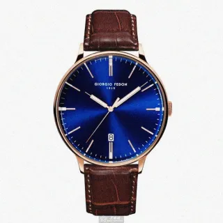 【GIORGIO FEDON 1919】喬治飛登1919男女通用錶型號GF00108(寶藍色錶面玫瑰金錶殼咖啡色真皮皮革錶帶款)