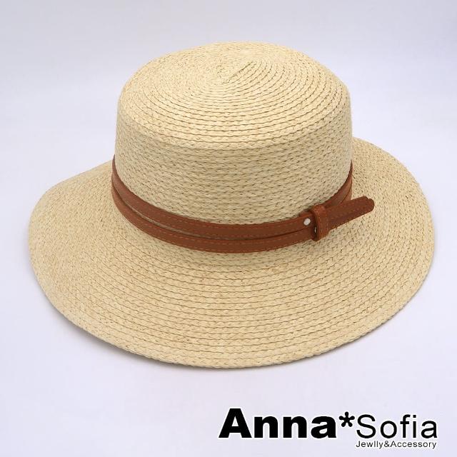 【AnnaSofia】遮陽防曬平頂草帽漁夫帽-拉菲草雙革帶 寬簷 現貨(杏系)
