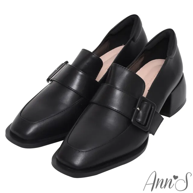 【Ann’S】同色系寬帶大方扣-方頭粗跟樂福鞋4.5cm(黑)