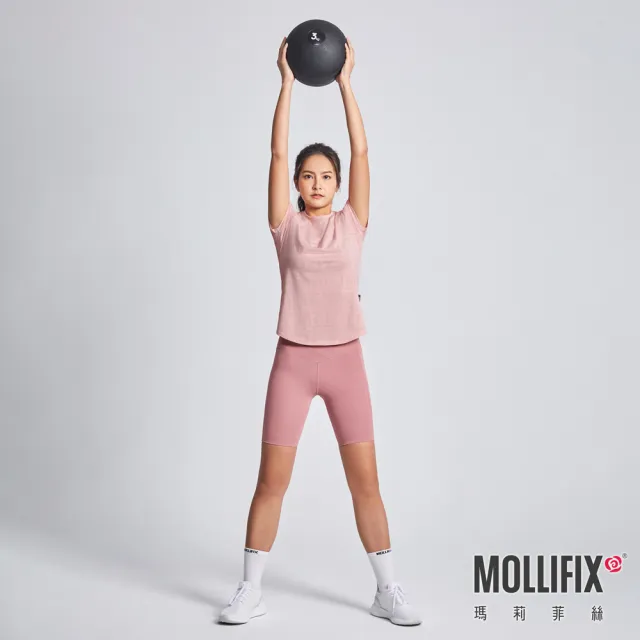 【Mollifix 瑪莉菲絲】前交叉高腰包覆訓練五分褲、瑜珈服、Legging(玫瑰粉)