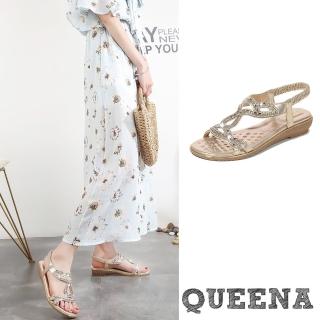 【QUEENA】坡跟涼鞋 工字涼鞋/華麗幾何線條燙鑽造型工字坡跟涼鞋(金)