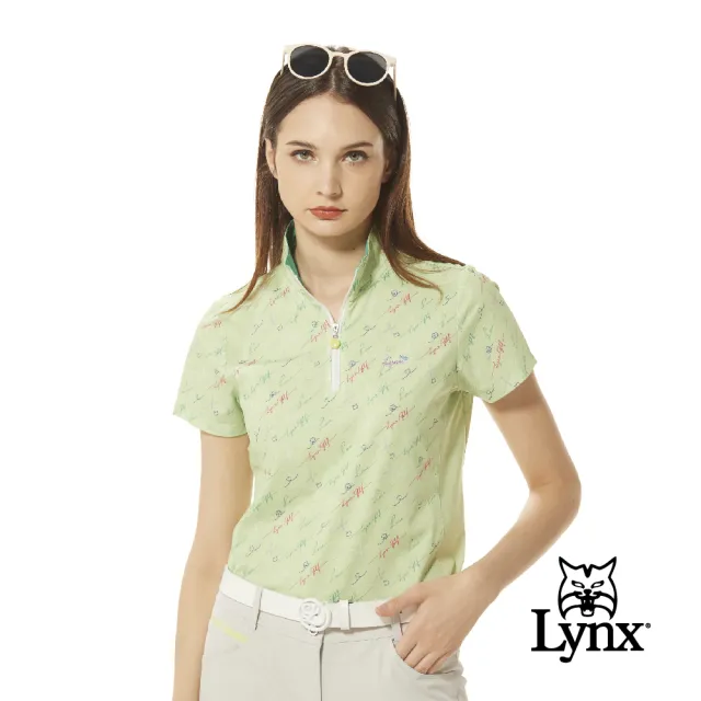 【Lynx Golf】女款銀離子抗菌除臭Lynx Golf草寫印花特殊剪裁配布造型短袖立領POLO衫/高爾夫球衫(二色)