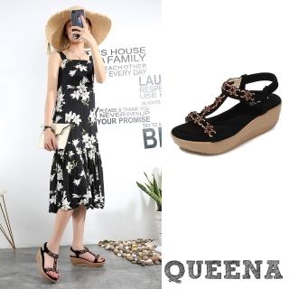 【QUEENA】坡跟涼鞋 厚底涼鞋/波西米亞民族風復古花朵串珠工字造型坡跟厚底涼鞋(黑)