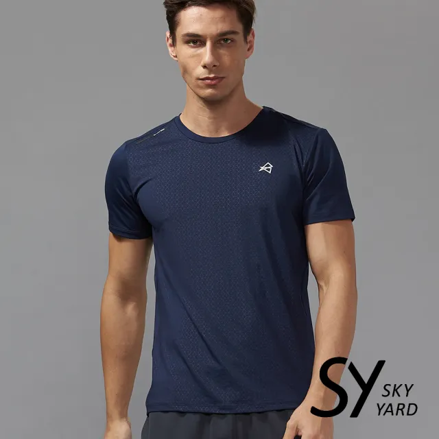 【SKY YARD】網路獨賣款-素面格紋壓紋前肩飾條運動T恤(深藍)