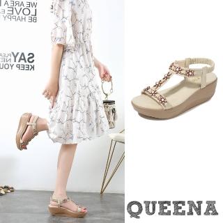【QUEENA】坡跟涼鞋 厚底涼鞋/波西米亞民族風復古花朵串珠工字造型坡跟厚底涼鞋(白)